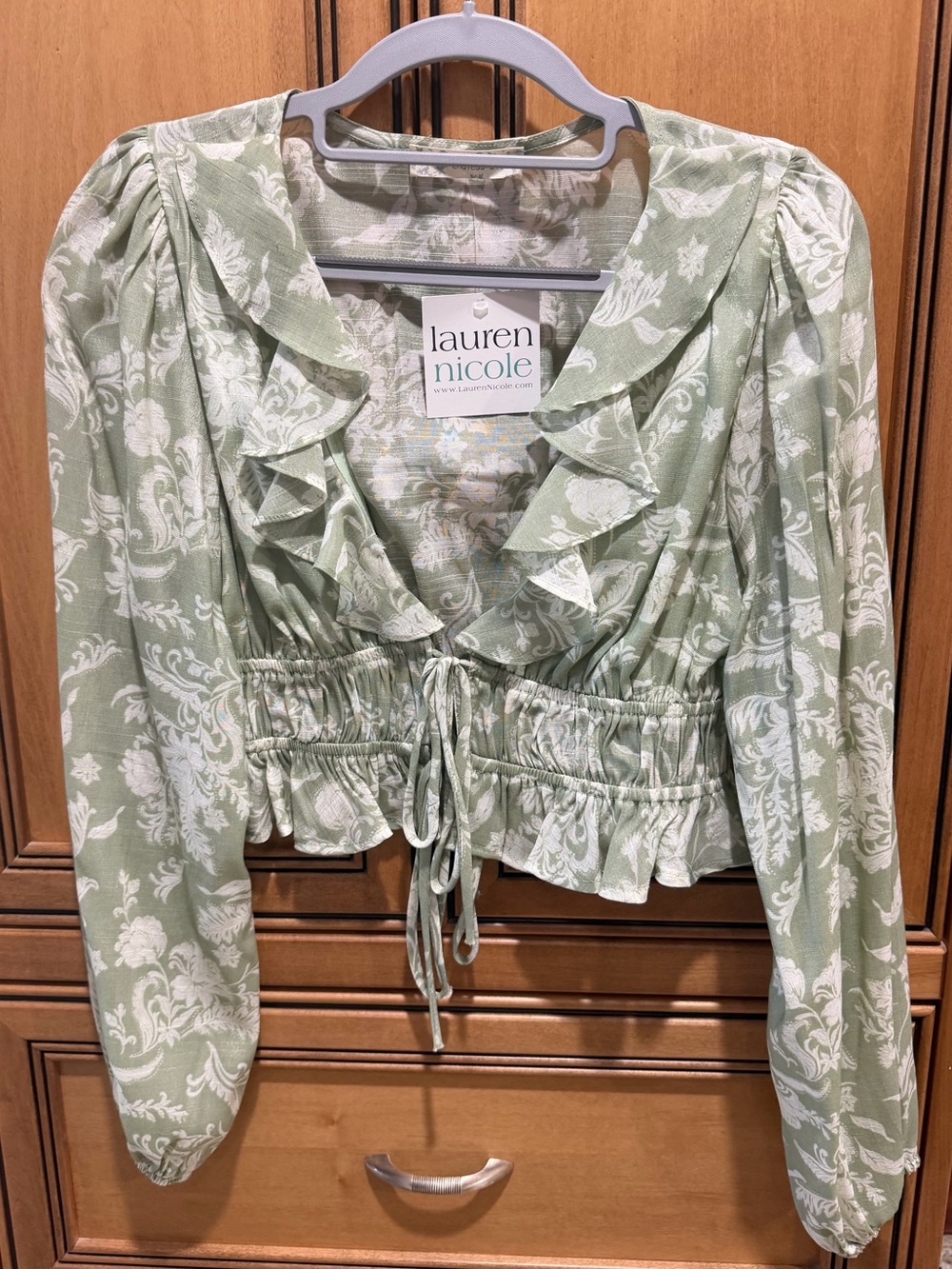 Sage Green Floral Ruffle Tie-Front Blouse